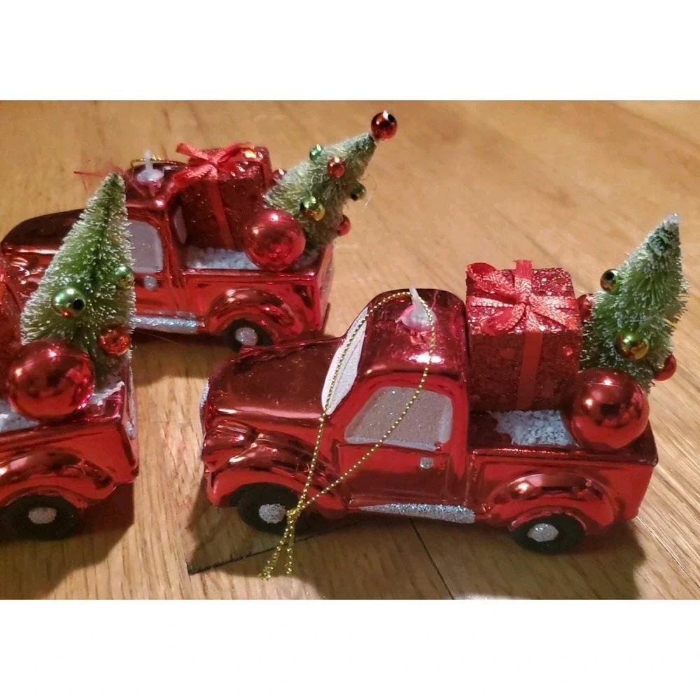 Retro Style Shiny Red Truck Christmas Ornaments Lot Of 5